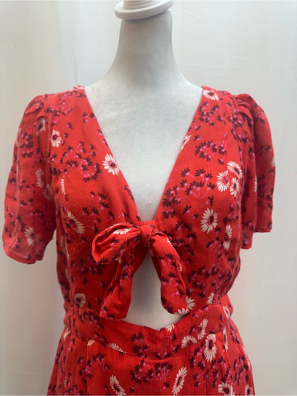 Free People Red Floral Tie-Front Romper Dress 6 - Picture 2 of 4